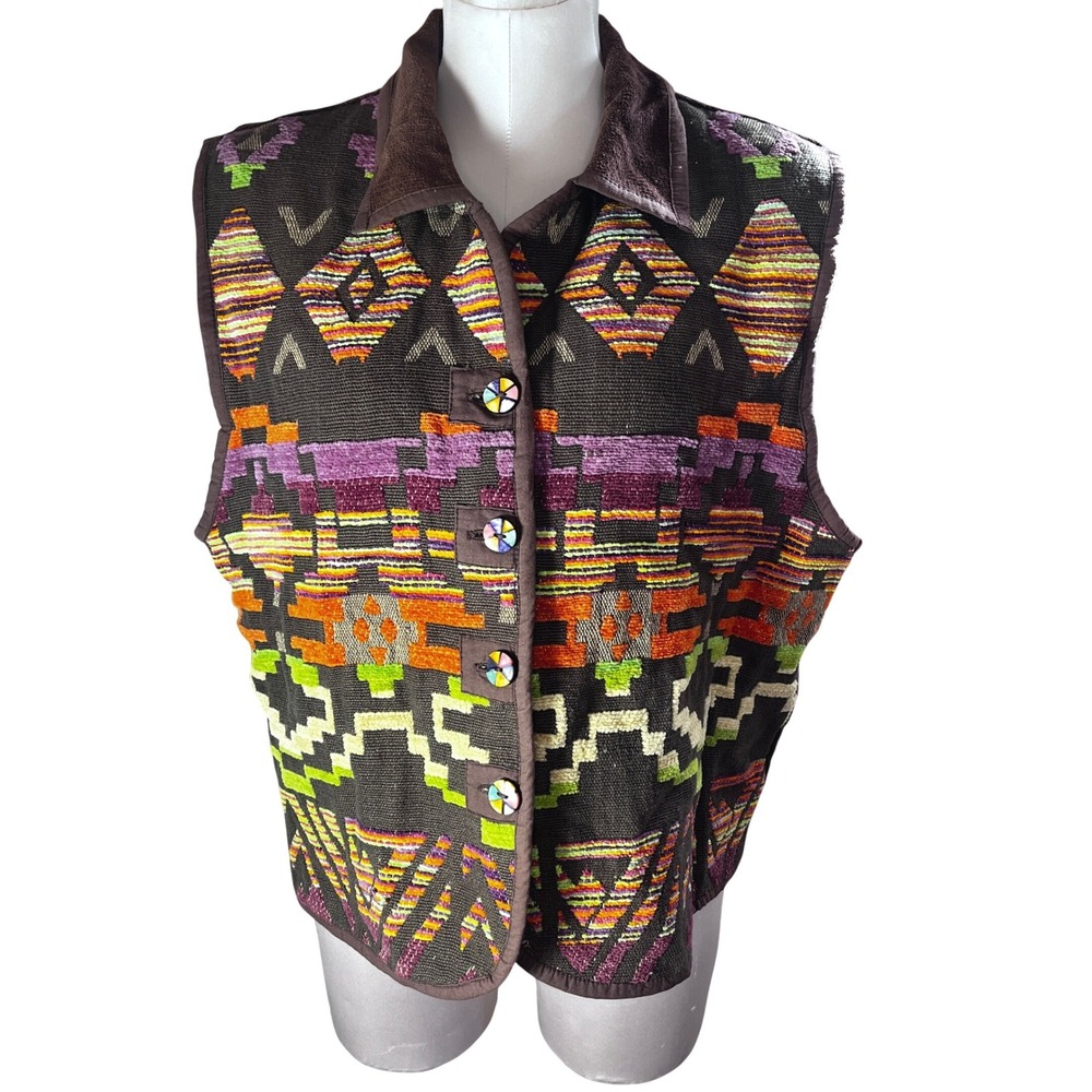 Vintage Anii By‎ Natural Southwest Geometric Print Textured Vest XL Aztec Folk